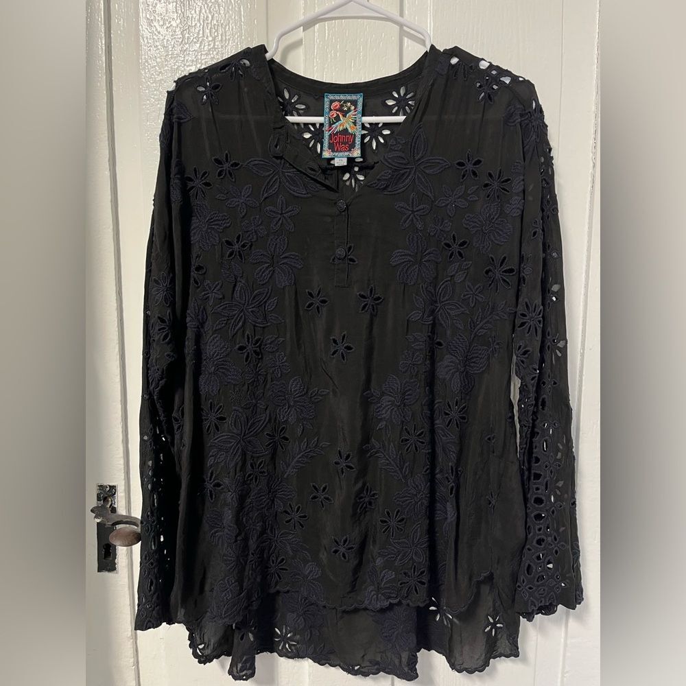 Johnny Was Eyelet Black Floral blouse with button neckline size XS